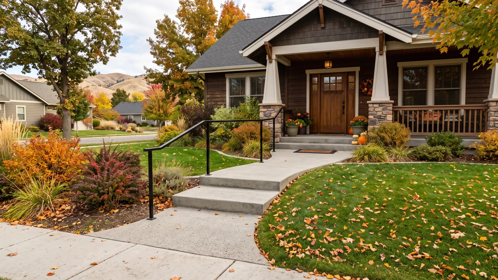 New curved broom-finish front walkway and two wide concrete steps leading to the covered porch of a craftsman-style Meridian home