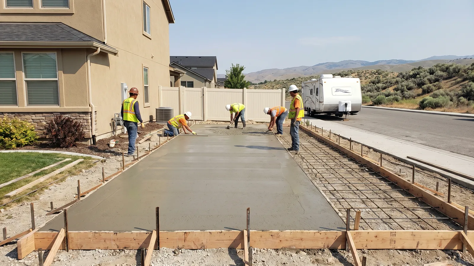 Crew finishing a long concrete RV pad along the side yard of a Treasure Valley home beside a wide RV gate, with a travel trailer parked on the street