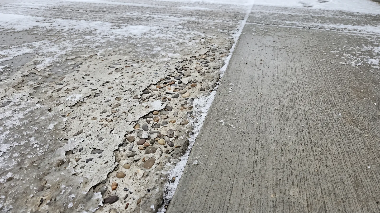 Close-up of a concrete driveway surface with scaling and flaked paste from freeze-thaw cycles and deicer, beside an intact broom-finished panel